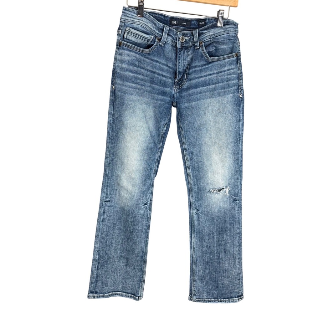 BKE Aiden Men Straight Leg Jeans 30x30 Medium Wash Distressed Embroidered Pocket
